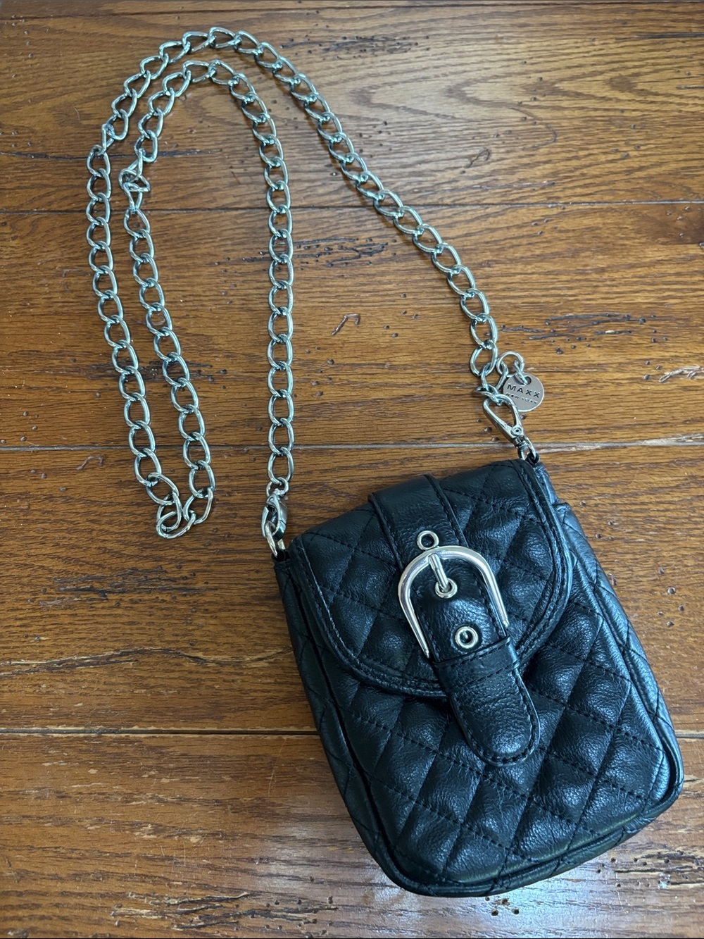 MAXX New York Black Quilted Leather Crossbody Bag Silver Tone Chain 4.5 x 6.5